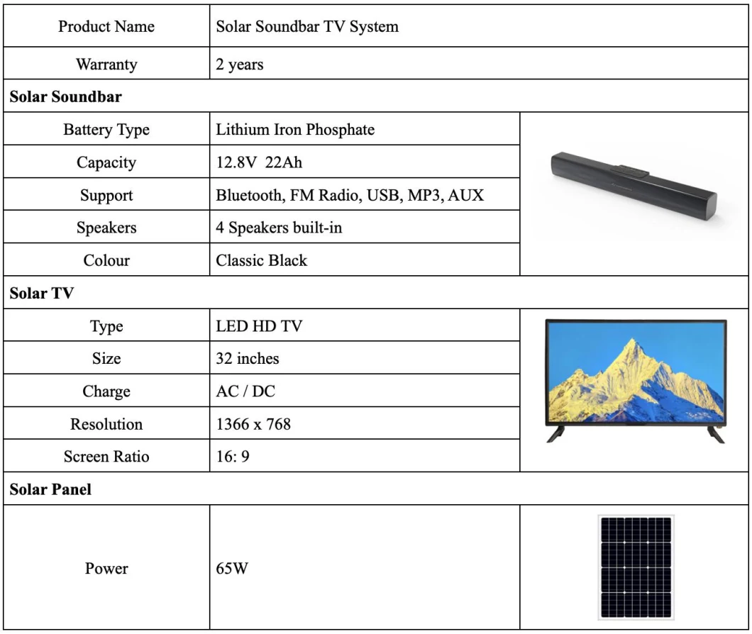 OEM PRO Solar Soundbar TV System for Home Energy Supply TV+Fan+Lamps+Speaker Multifonctions Speaker Support Bluetooth, TF Card, FM Radio, USB, Aux